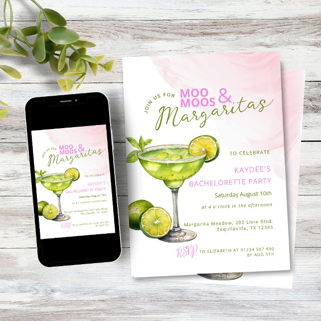 Convites MooMoos & Margaritas Pink Bachelorette Party (Pink and green MooMoos and Margaritas bachelorette party invitation)