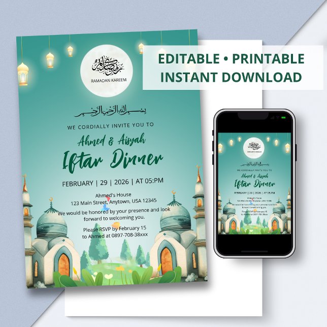Convites Moonlit Blue Mosque Ramadan Iftar Invitation (Criador carregado)