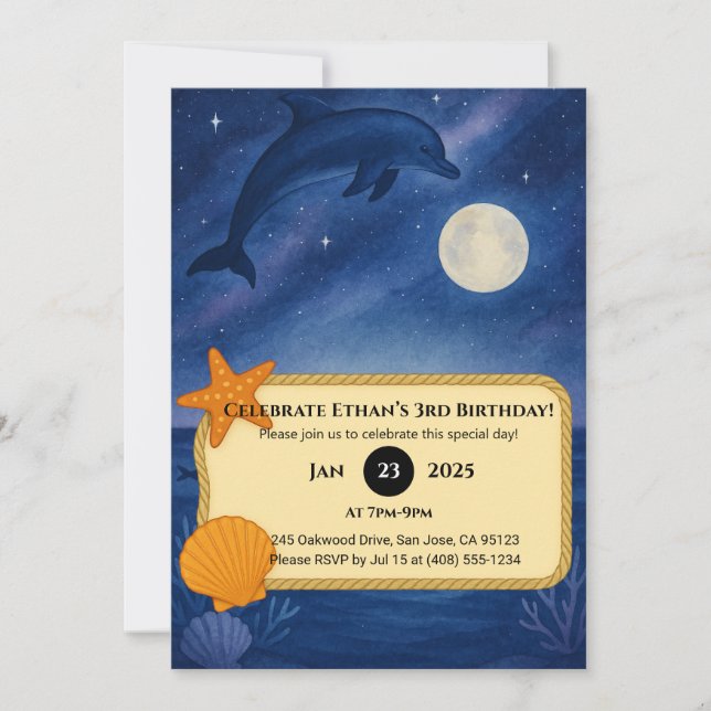 Convites Moonlit Dolphin & Ocean Night Scene Birthday  (Frente)