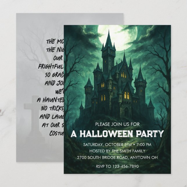 Convites Moonlit Haunted Castle Halloween (Frente/Verso)