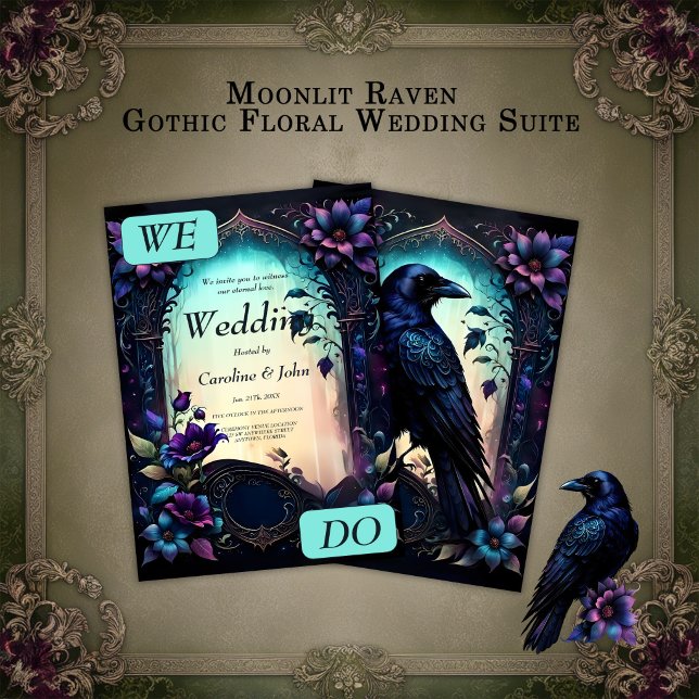 Convites Moonlit Raven | Suite de Noiva Floral Gótica.  (Criador carregado)