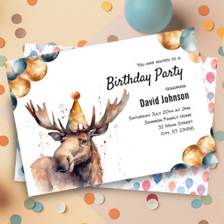 Convites Moose Watercolor Woodland Festa de aniversário Ani
