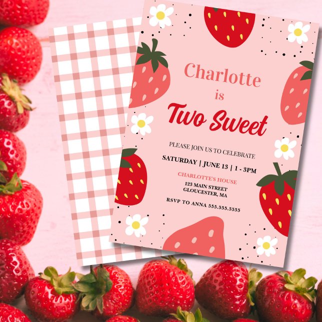 Convites Morango 2 Festa de aniversário doce (Two Sweet Strawberry Birthday Invitation — Berry Cute 2nd Birthday Invite!)