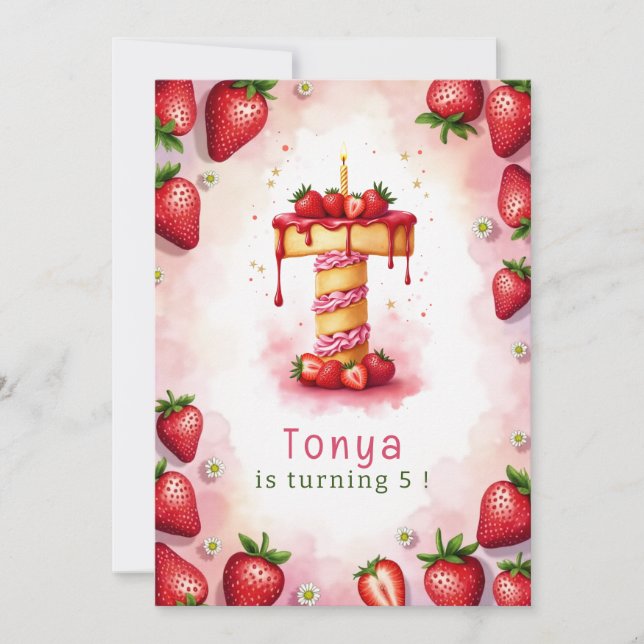 Convites Morango Carta de Aniversário T Tema de Bolo (Frente)