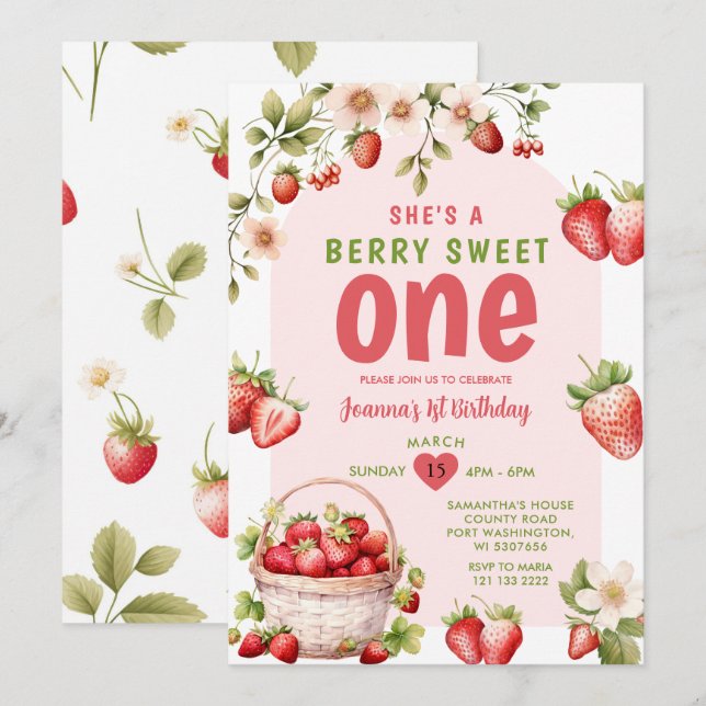 Convites Morango Doce Um primeiro aniversario De Berry (Frente/Verso)