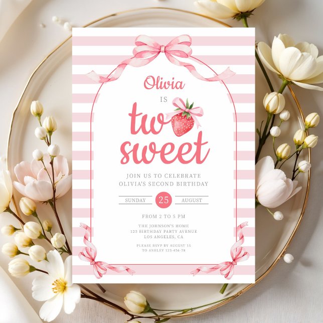 Convites Morango Duas Menina Doce 2º Aniversário (Strawberry Two Sweet Girl 2nd Birthday Invitation)