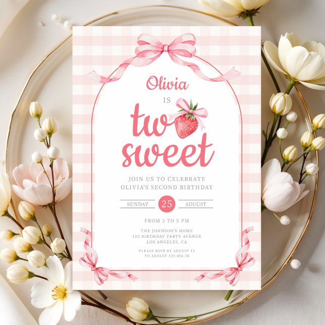 Convites Morango Duas Menina Doce 2º Aniversário (Strawberry Two Sweet Girl 2nd Birthday Invitation)