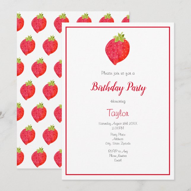 Convites Morango e Padrão de Aquarela (Frente/Verso)