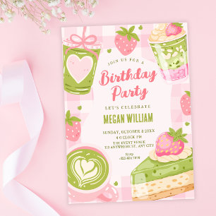 Convites Morango matcha doce aniversário fofo