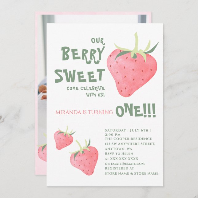 Convites Morango NOSSO BERRY DOCE Primeiro Aniversário (Frente/Verso)