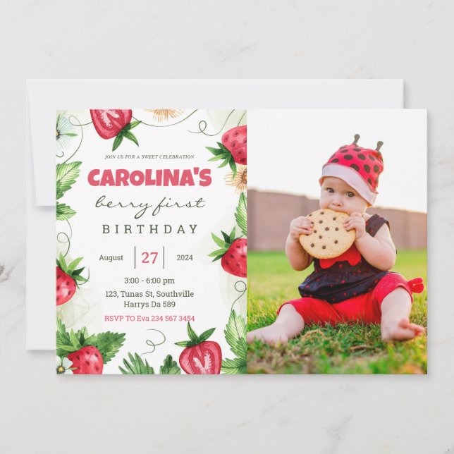 Convites Morango Primeiro Foto Aniversário (Frente)