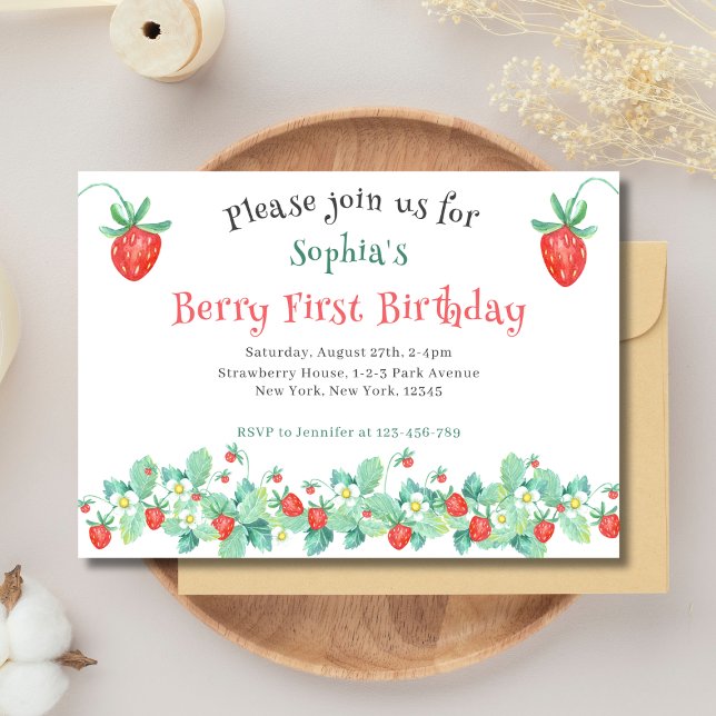Convites Morango Rosa Berry Primeiro Aniversário (Berry First Birthday Party Invitation. Pink Strawberries.)