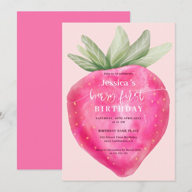 Convites Morango rosa, primeiro aniversário, água morango (Frente/Verso)