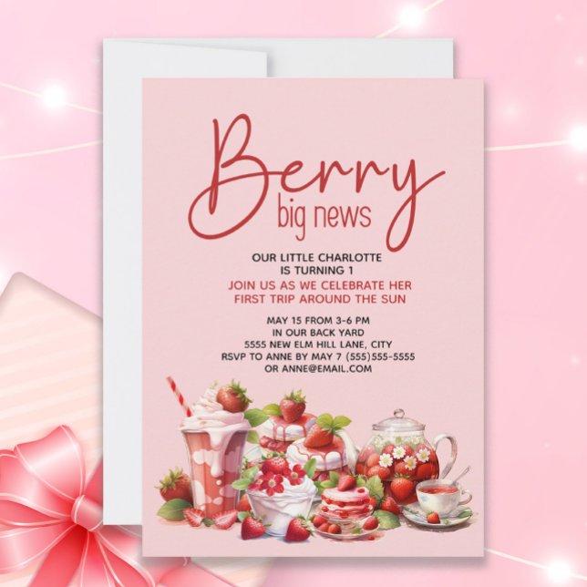 Convites Morango Rosa Vermelho Fruta 1º Aniversário ("Berry Big News" Strawberry 1st birthday party invitation for little girls)