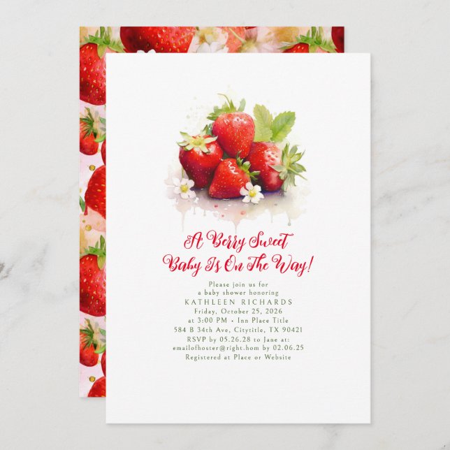 Convites Morango Um Chá de fraldas Berry Sweet Baby Girl (Frente/Verso)