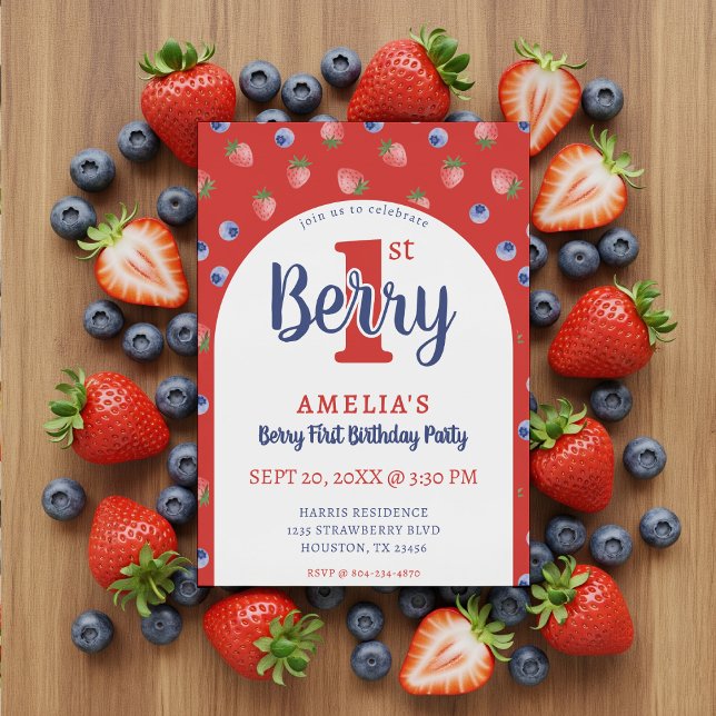 Convites Morango Vermelho de Morango primeiro aniversario B (Berry 1st Birthday Party Strawberry Blueberry Red Invitation
)