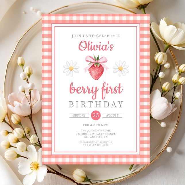 Convites Morangos 1º Aniversário Morango Primeiro Aniversár (Strawberry 1st Birthday Berry First Birthday Invitation)