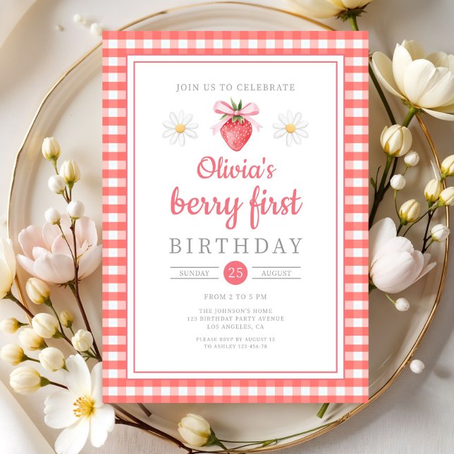 Convites Morangos 1º Aniversário Morango Primeiro Aniversár (Strawberry 1st Birthday Berry First Birthday Invitation)