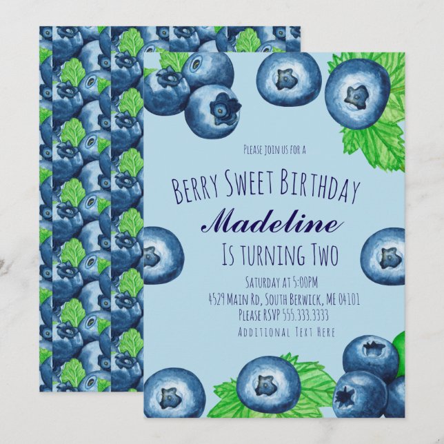 Convites Morangos Azuis Aguarela Doce Aniversário  (Frente/Verso)
