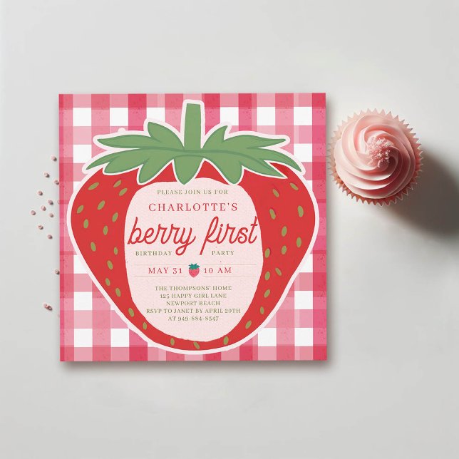 Convites Morangos Berry First Giant Doce 1º Aniversário (berry first birthday party 1st girl strawberry red pink watercolor gingham spring summer cute)
