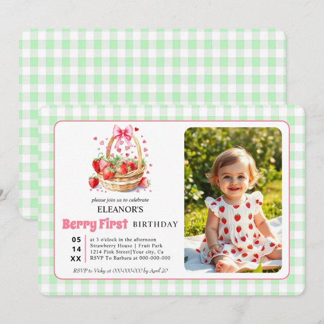 Convites Morangos e gingado Berry Primeiro Aniversário foto (Frente/Verso)