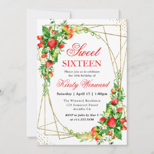 Convites Morangos Florais Aquarela Quadro Dourado Sweet 16