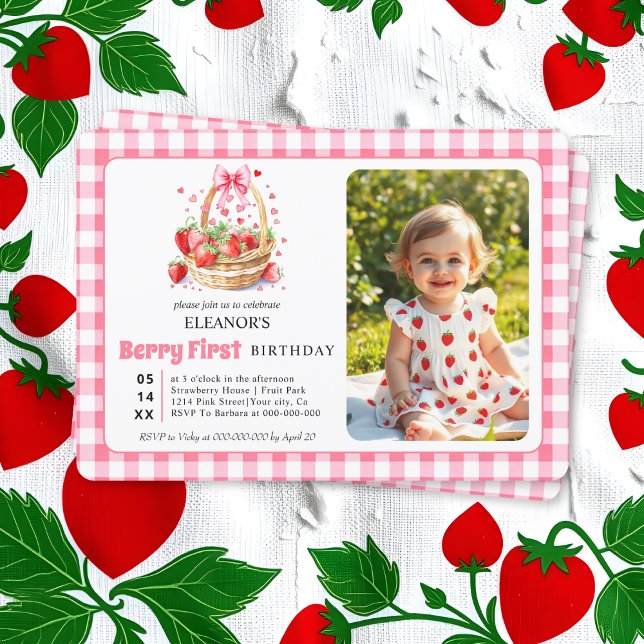 Convites Morangos, laço rosa Berry Primeiro Aniversário fot (Criador carregado)