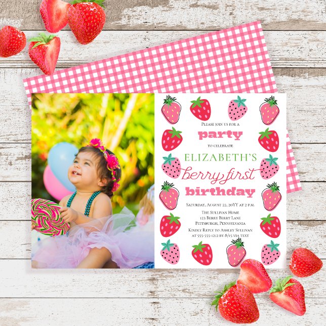 Convites Morangos Rapariga Foto Berry Primeira Festa de ani (Strawberries Girl's Berry First Birthday Party Photo Invitation)