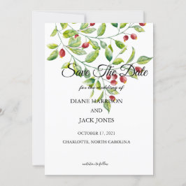 Convites Morangos Rosas e Folhagem Verde Save The Date
