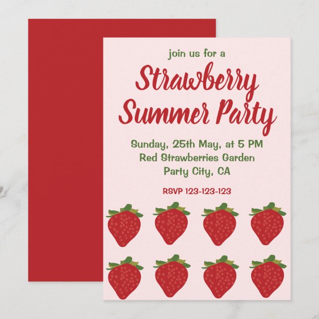 Convites Morangos Vermelhos Fruta Morango Festa de Verão (Frente/Verso)