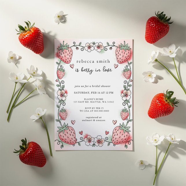 Convites Morangueiro Apaixonado Chá de Noiva Morango (Berry in Love Strawberry Bridal Shower Invitation)