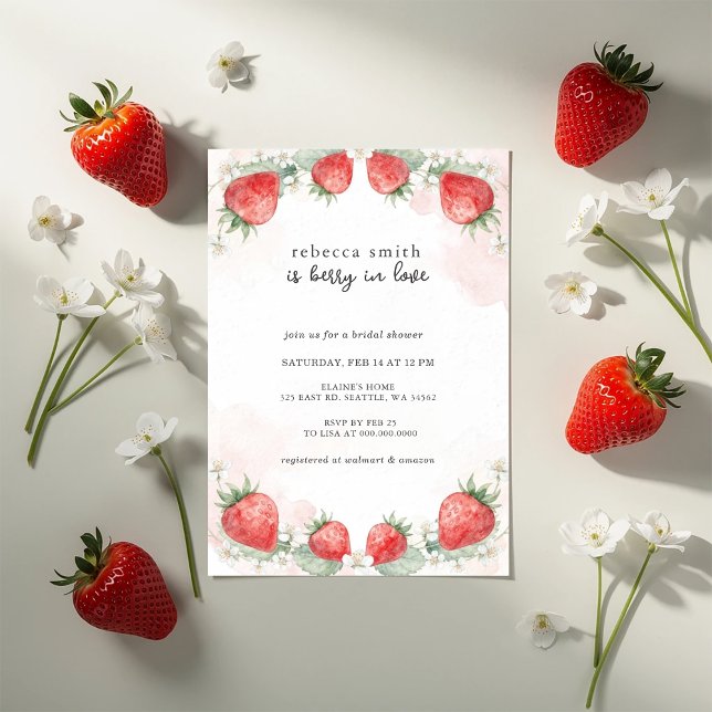 Convites Morangueiro Apaixonado Chuva de Morango no Chá de  (Berry in Love Strawberry Bridal Shower Invitation)