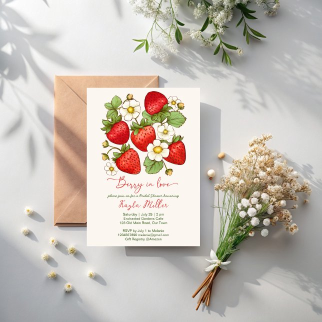 Convites Morangueiro apaixonado festa de noivado de morango (Berry in love summer fruit strawberry bridal shower invitation template instant download)
