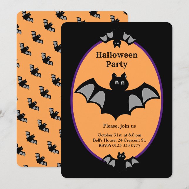 Convites Morcego moderno de Halloween em preto e laranja (Frente/Verso)