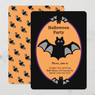 Convites Morcego moderno de Halloween em preto e laranja