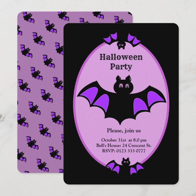 Convites Morcego moderno de Halloween em preto e violeta (Frente/Verso)