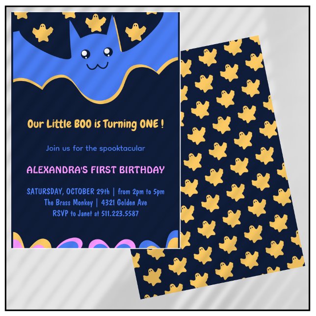 Convites Morcego Voador Fantasma Pequeno Boo Aniversário de (Halloween-1st-Birthday-Invitation-Ghost-Flying-bat-Little-boo-1)