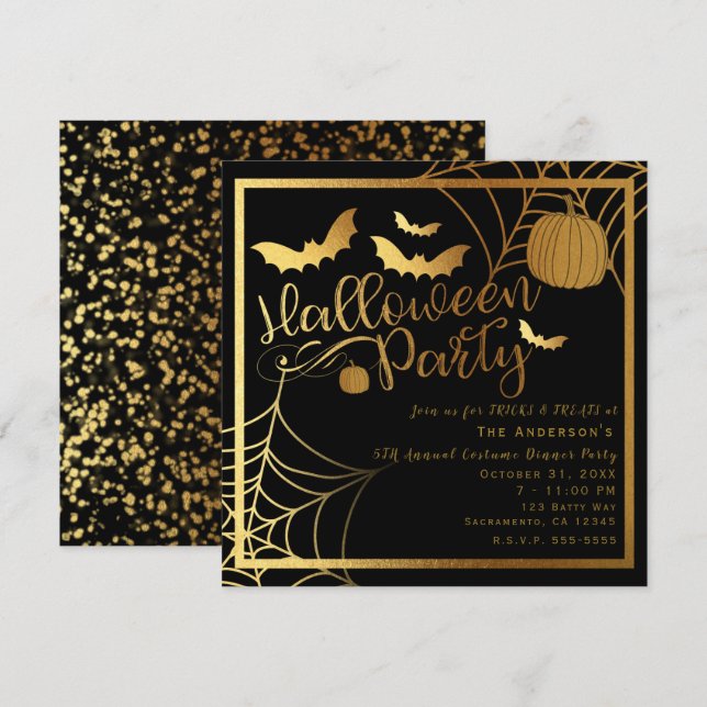 Convites Morcegos Preto e Dourado Abóbora Festa de Hallowee (Frente/Verso)