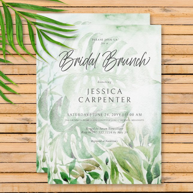 Convites Morena tropical moderna Bridal de Watercolor Brunc (Modern Tropical Greenery Watercolor Bridal Brunch Invitation)