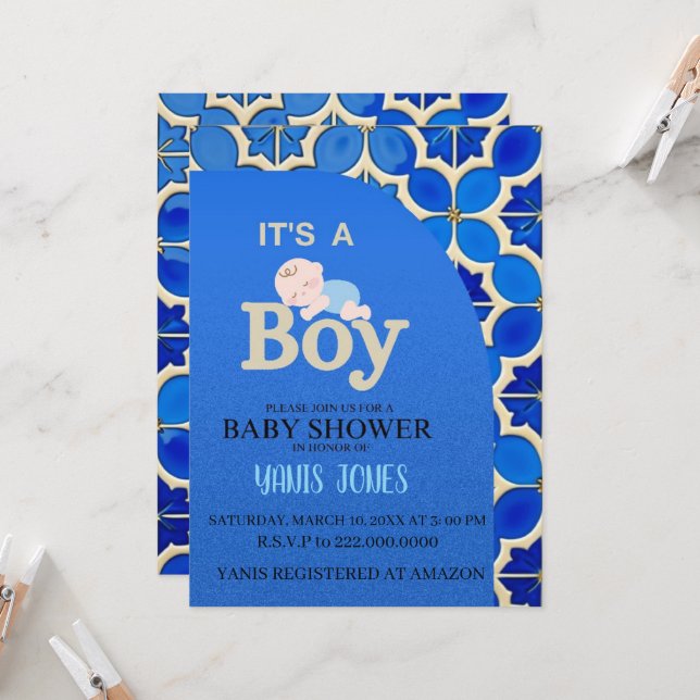 Convites Moroccan boy baby shower Invitation (Frente/Verso In Situ)