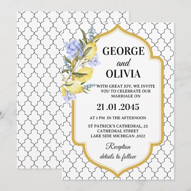 Convites Moroccan Pattern Mediterranean Lemon Wedding (Frente/Verso)