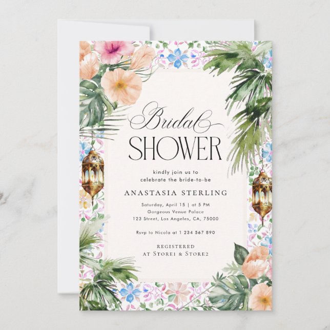 Convites Moroccan Tile Palm Tree & Hibiscus Bridal Shower  (Frente)