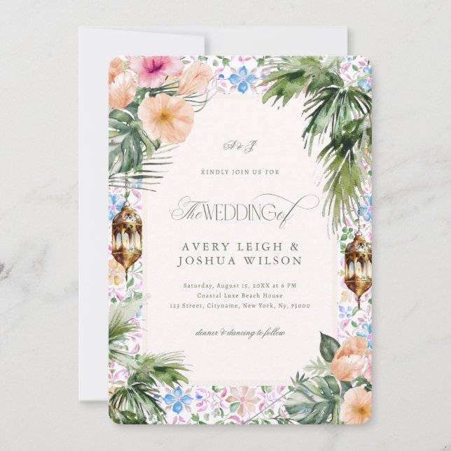 Convites Moroccan Tile Tropical Hibiscus Wedding (Frente)