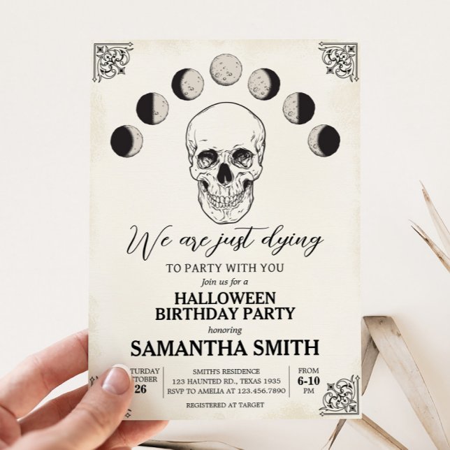 Convites Morrendo na Festa de aniversário do Halloween do C (Dying to Party Skull Gothic Halloween Birthday Party Invitation)
