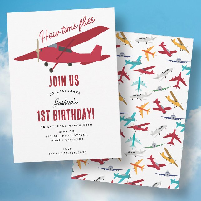 Convites Moscas de primeiro aniversario de avião (Airplane Kids 1st Birthday Party Time Flies Invitation)
