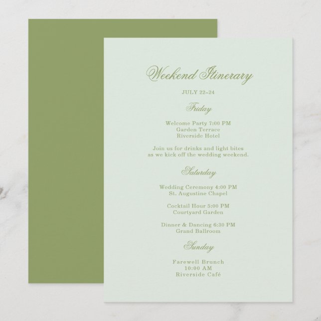Convites Moss Green Estate Wedding Itinerary Card (Frente/Verso)