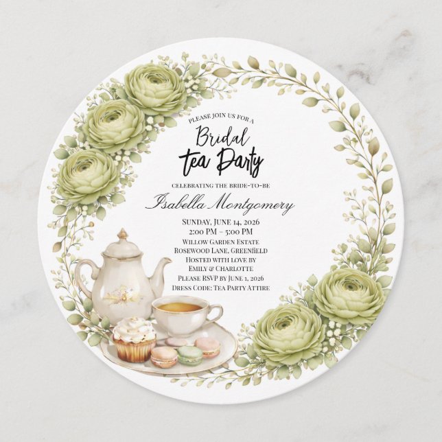 Convites Moss Green Palette Tea Party Bridal Shower (Frente)