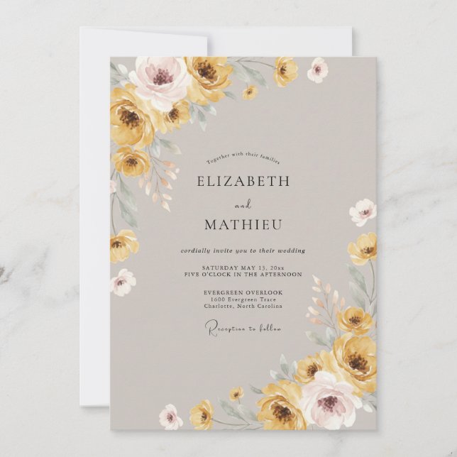 Convites Mostarda Âmbar Ranunculus Eucalipto Casamento (Frente)