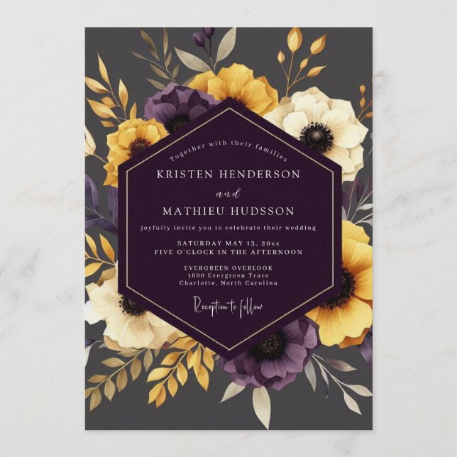 Convites Mostarda & Ameixa Floral Moody Casamento (Frente)