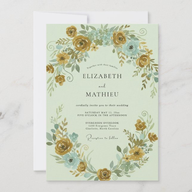 Convites Mostarda Aqua Ranunculus Eucalipto Casamento (Frente)
